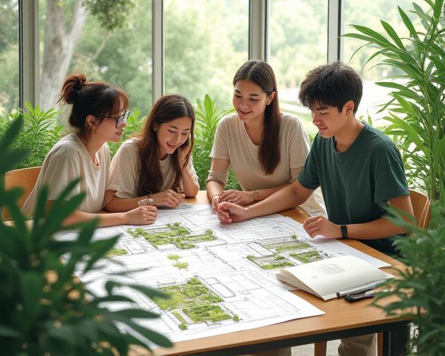 Equipo de diseño revisando planos de un jardín universitario